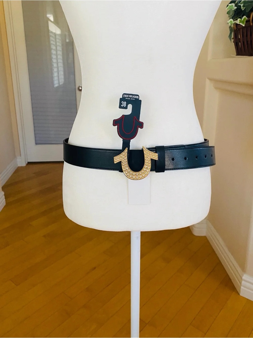 True Religion Black Leather Belt with Gold Crystal Horseshoe Buckle